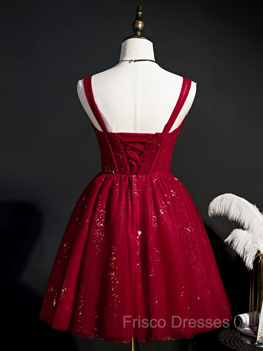 Burgundy Sweetheart Neck Tulle Sequin Short Formal Prom Dress, Puffy Cute Homecoming  Dress