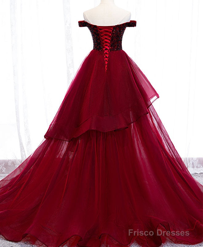 Burgundy Sweetheart Off Shoulder Tulle Long Prom Dress Tulle Formal Dress