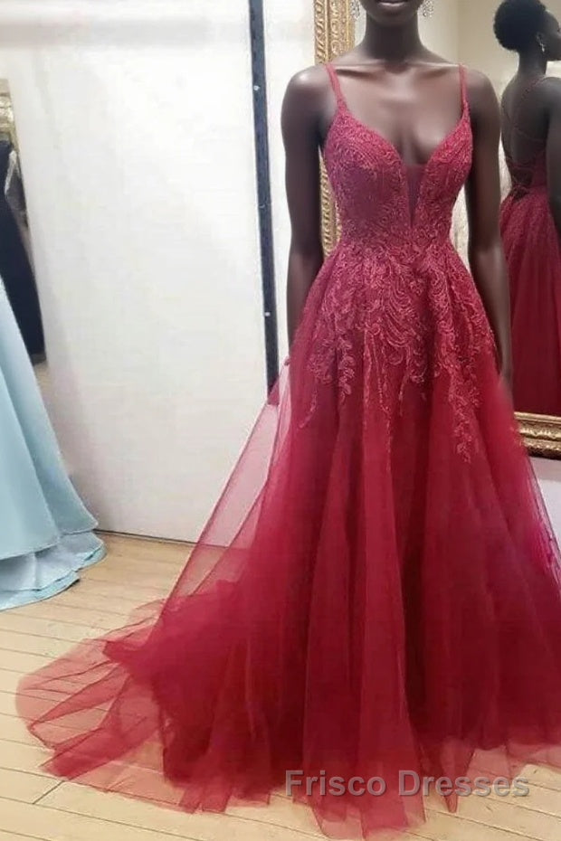 Burgundy sweetheart tulle lace long Formal Prom Dresses formal Dresses Main image