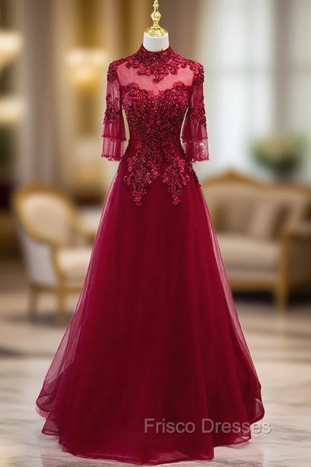 Burgundy Tulle Appliques Beading Short Sleeve Formal Prom Dress Main image