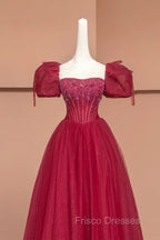 Burgundy Tulle Beaded Floor Length Formal Prom Dress, A-Line Short Sleeve Evening Dress