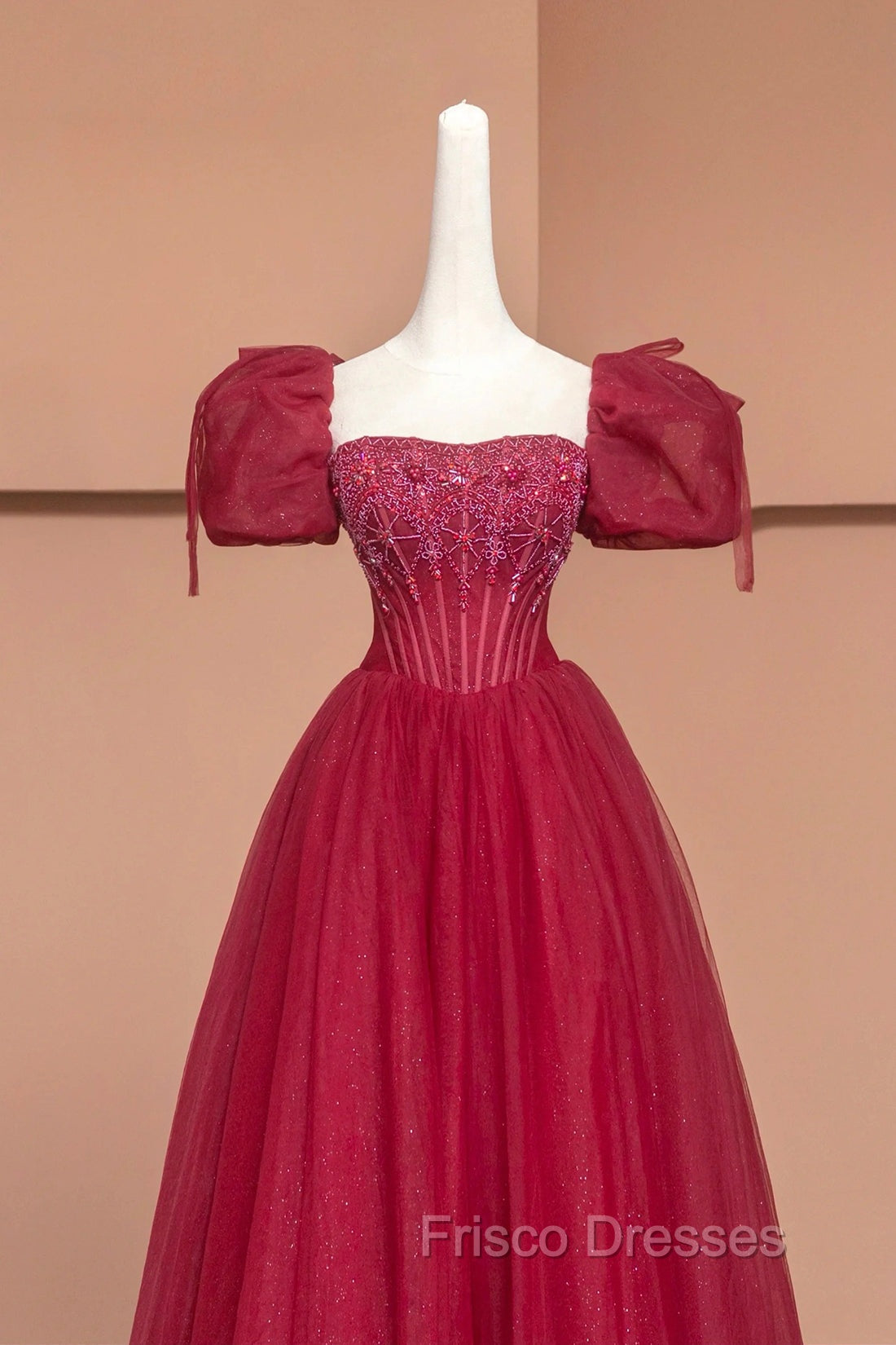 Burgundy Tulle Beaded Floor Length Formal Prom Dress, A-Line Short Sleeve Evening Dress
