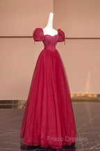 Burgundy Tulle Beaded Floor Length Formal Prom Dress, A-Line Short Sleeve Evening Dress