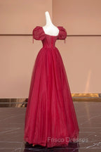 Burgundy Tulle Beaded Floor Length Formal Prom Dress, A-Line Short Sleeve Evening Dress