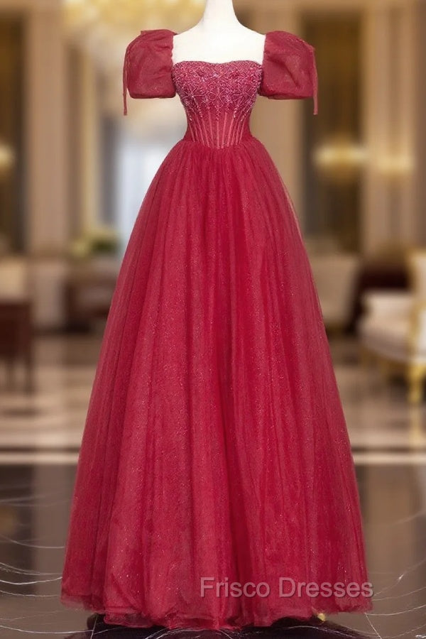 Burgundy Tulle Beaded Floor Length Formal Prom Dress, A-Line Short Sleeve Evening Dress Main image