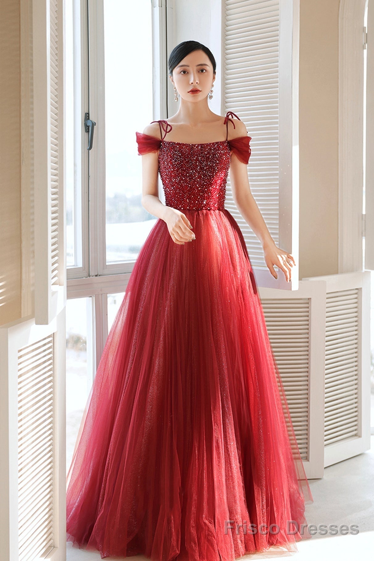 Burgundy Tulle Beaded Long Formal Dress,  Spaghetti Straps A-Line Prom Dress