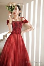 Burgundy Tulle Beaded Long Formal Dress,  Spaghetti Straps A-Line Prom Dress