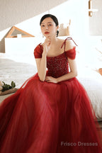 Burgundy Tulle Beaded Long Formal Dress,  Spaghetti Straps A-Line Prom Dress