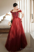 Burgundy Tulle Beaded Long Formal Dress,  Spaghetti Straps A-Line Prom Dress