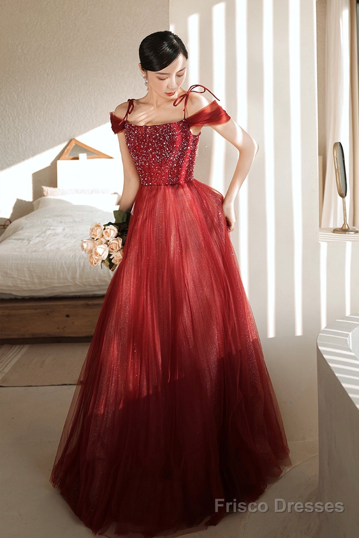 Burgundy Tulle Beaded Long Formal Dress,  Spaghetti Straps A-Line Prom Dress