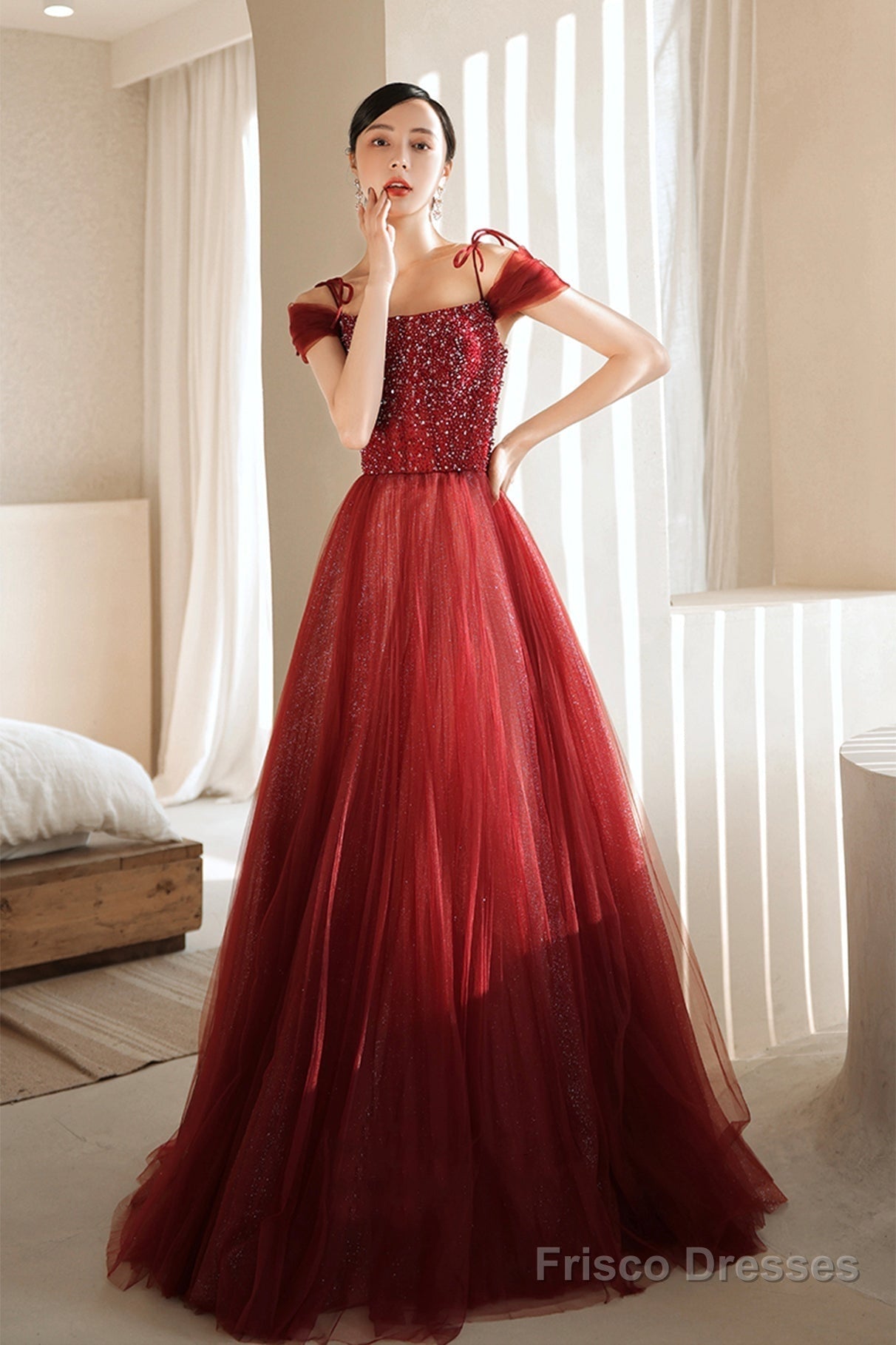 Burgundy Tulle Beaded Long Formal Dress,  Spaghetti Straps A-Line Prom Dress Main image
