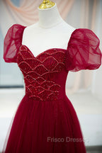 Burgundy Tulle Beaded Long Formal Prom Dress, A-Line Short Sleeve Evening Dress