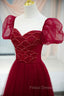 Burgundy Tulle Beaded Long Formal Prom Dress, A-Line Short Sleeve Evening Dress