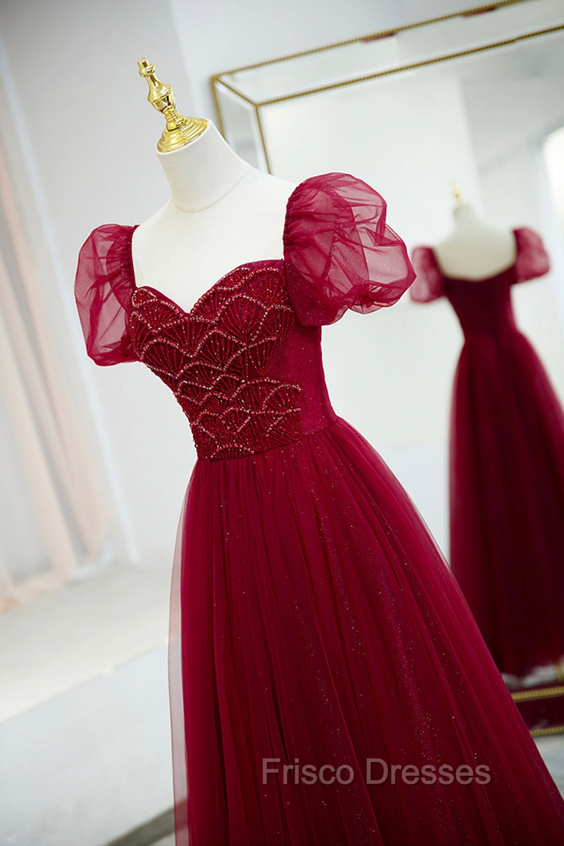 Burgundy Tulle Beaded Long Formal Prom Dress, A-Line Short Sleeve Evening Dress