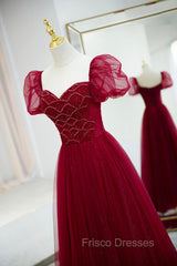 Burgundy Tulle Beaded Long Formal Prom Dress, A-Line Short Sleeve Evening Dress