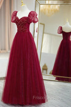 Burgundy Tulle Beaded Long Formal Prom Dress, A-Line Short Sleeve Evening Dress