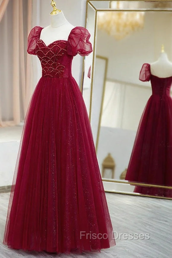 Burgundy Tulle Beaded Long Formal Prom Dress, A-Line Short Sleeve Evening Dress