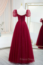 Burgundy Tulle Beaded Long Formal Prom Dress, A-Line Short Sleeve Evening Dress