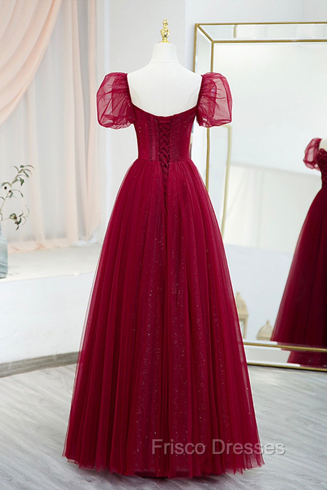 Burgundy Tulle Beaded Long Formal Prom Dress, A-Line Short Sleeve Evening Dress