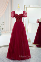 Burgundy Tulle Beaded Long Formal Prom Dress, A-Line Short Sleeve Evening Dress