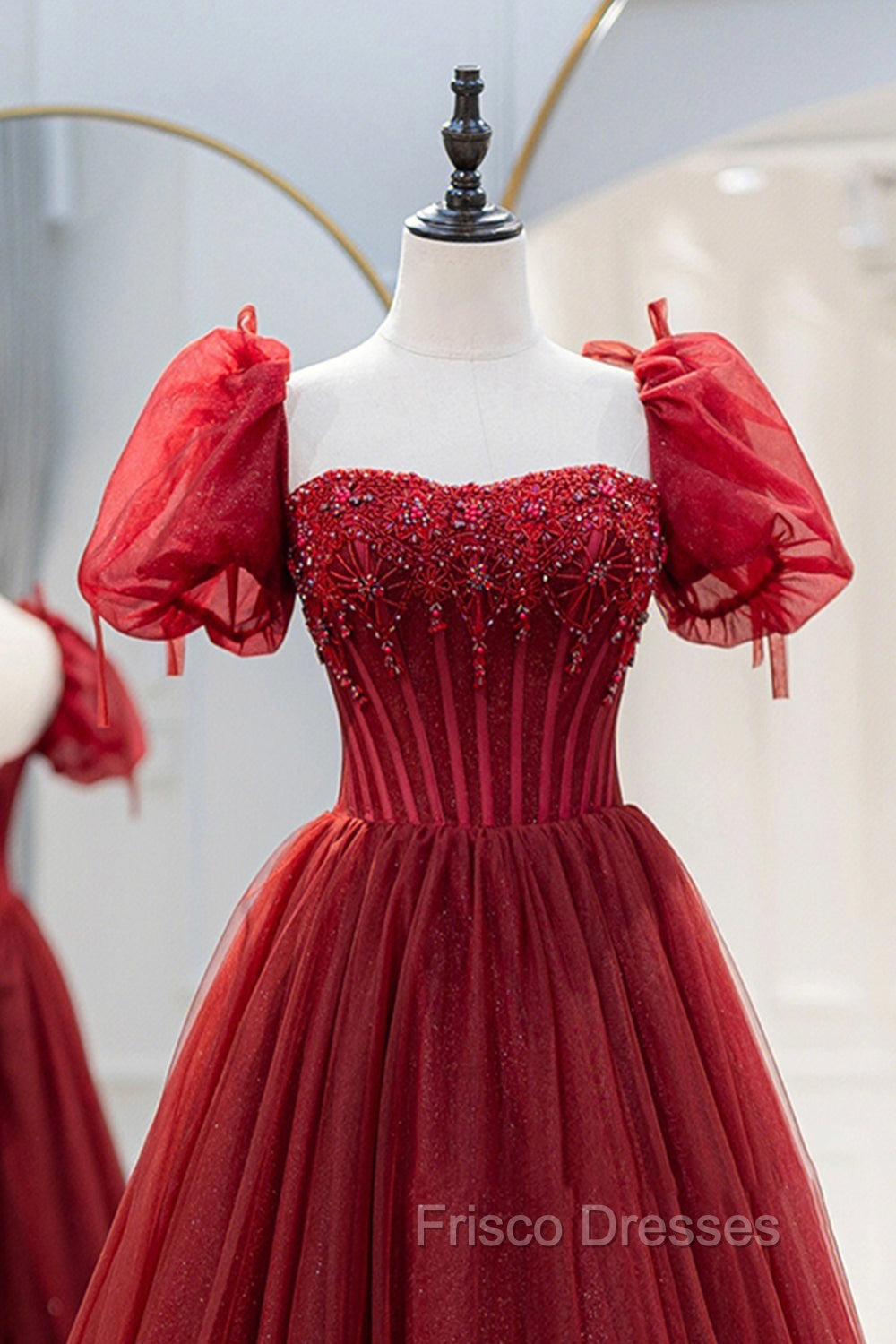 Burgundy Tulle Beaded Long Formal Prom Dress, A-Line Short Sleeve Formal Dress Secondary image