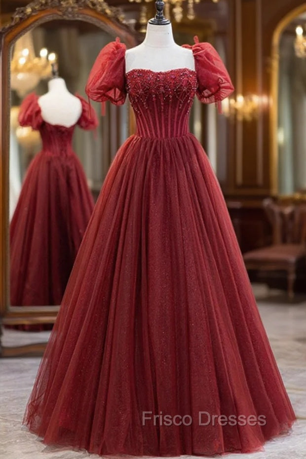 Burgundy Tulle Beaded Long Formal Prom Dress, A-Line Short Sleeve Formal Dress
