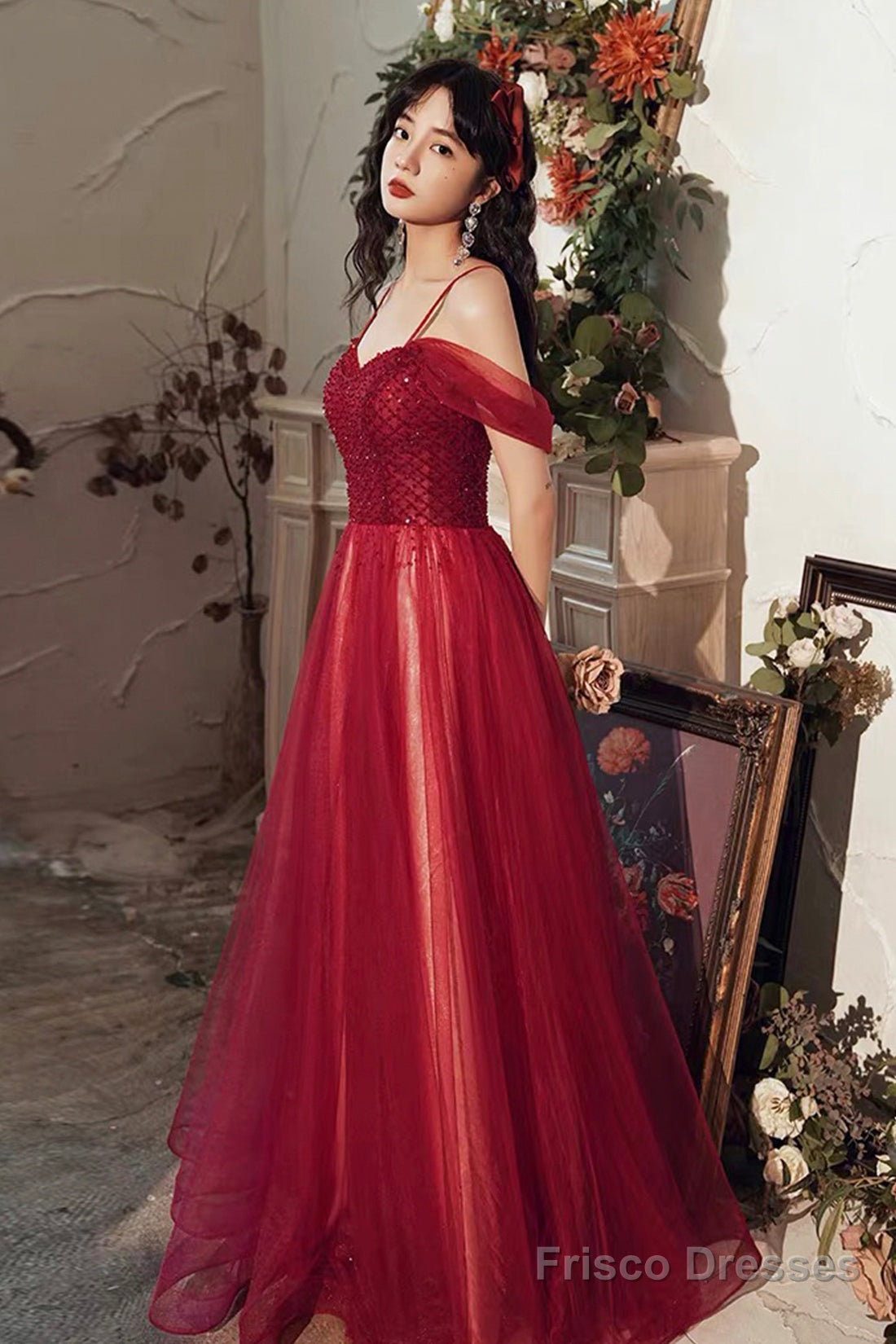 Burgundy Tulle Beaded Long Prom Dress, Beautiful Spaghetti Strap Evening Party Dress Main image