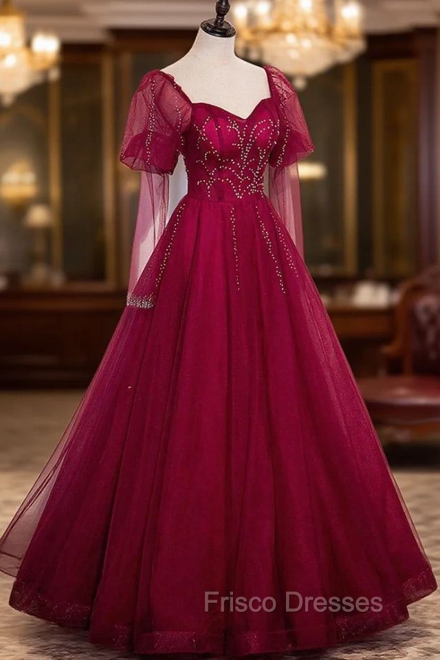 Burgundy Tulle Beaded Long Sleeve Formal Prom Dress, A-Line Evening Graduation Dress Secondary image