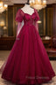 Burgundy Tulle Beaded Long Sleeve Formal Prom Dress, A-Line Evening Graduation Dress