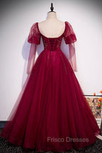 Burgundy Tulle Beaded Long Sleeve Formal Prom Dress, A-Line Evening Graduation Dress