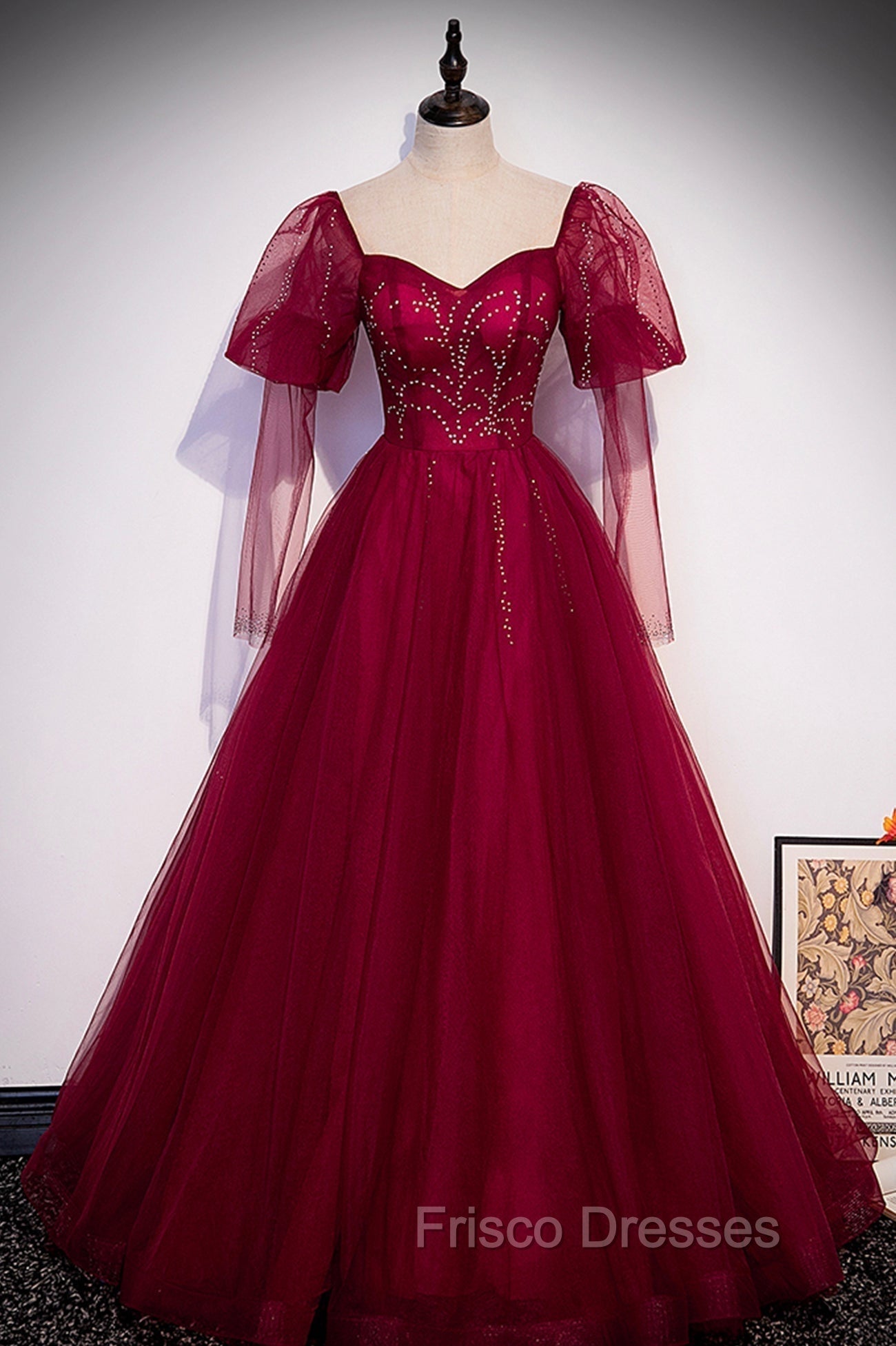 Burgundy Tulle Beaded Long Sleeve Formal Prom Dress, A-Line Evening Graduation Dress