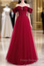 Burgundy Tulle Beading Off the Shoulder Formal Prom Dress