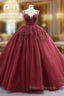Burgundy Tulle Beading Sequins Illusion Neck Formal Prom Dress