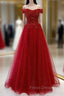 Burgundy Tulle Beading Sequins Off the Shoulder Formal Prom Dress