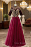 Burgundy Tulle Beading Short Sleeve Formal Prom Dress