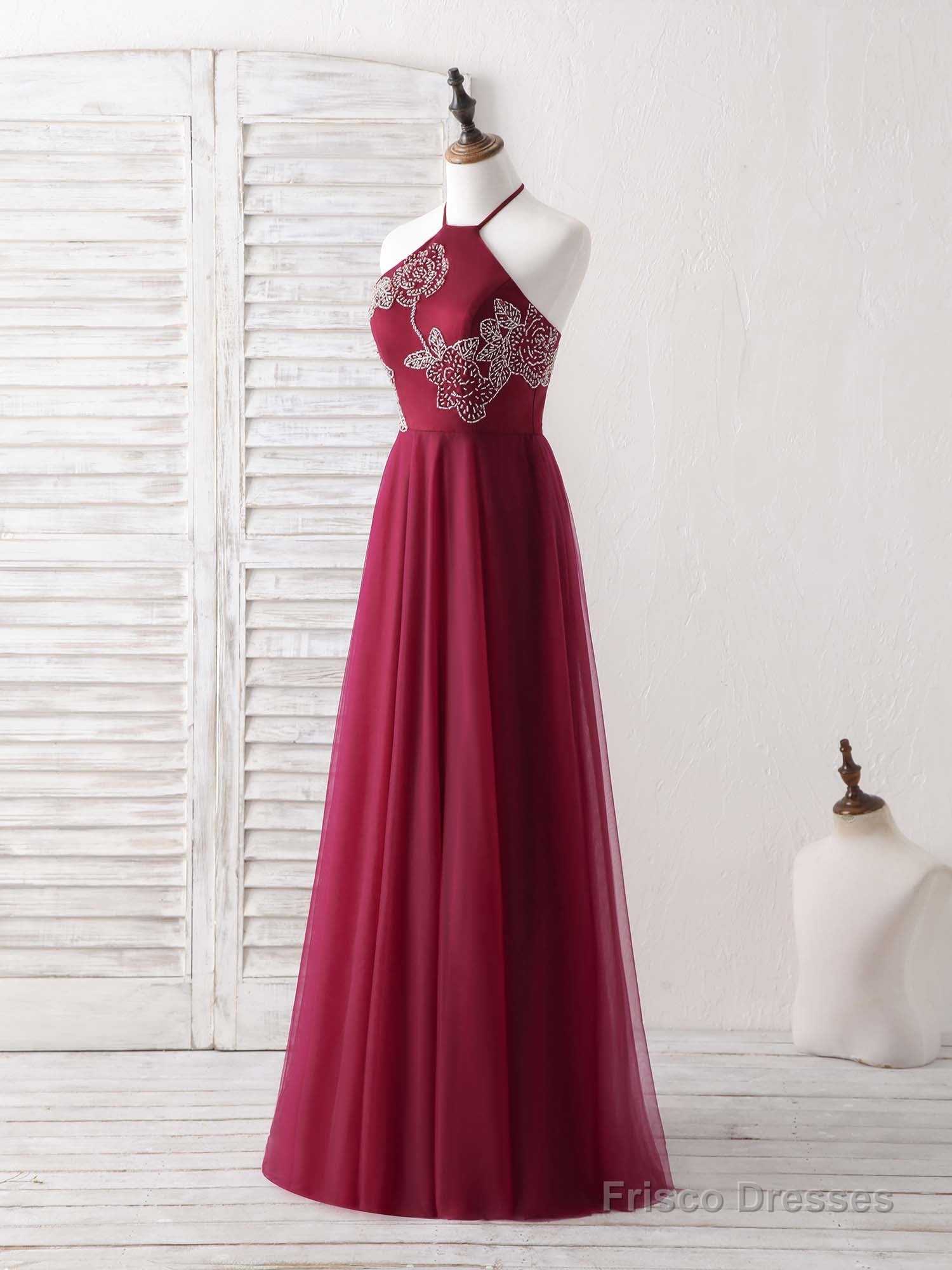 Burgundy Tulle Beads Long Prom Dress Burgundy Evening Dress Main image