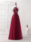 Burgundy Tulle Beads Long Prom Dress Burgundy Evening Dress