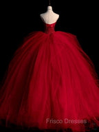Burgundy Tulle Beads Long Formal Prom Dress, Burgundy Tulle Formal Party Dress