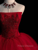 Burgundy Tulle Beads Long Formal Prom Dress, Burgundy Tulle Formal Party Dress