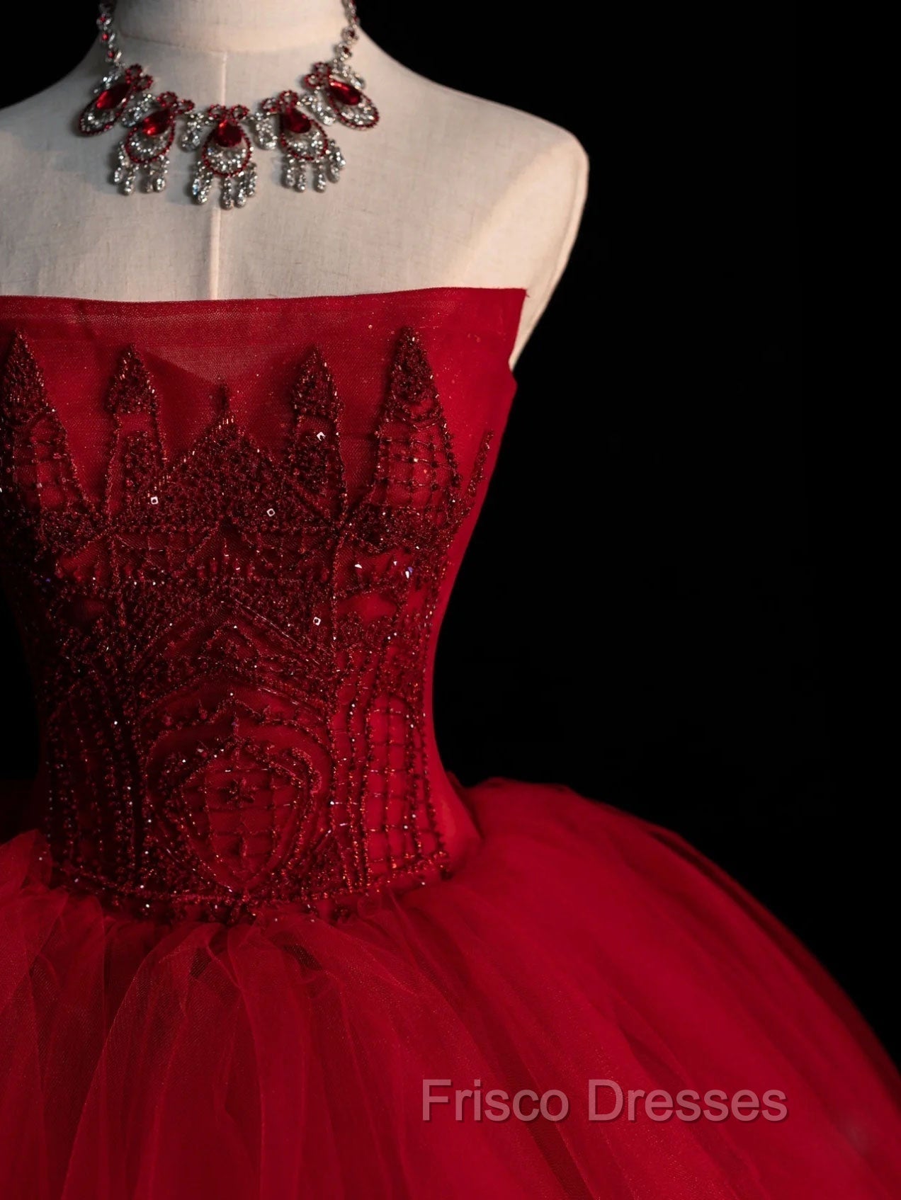 Burgundy Tulle Beads Long Formal Prom Dress, Burgundy Tulle Formal Party Dress