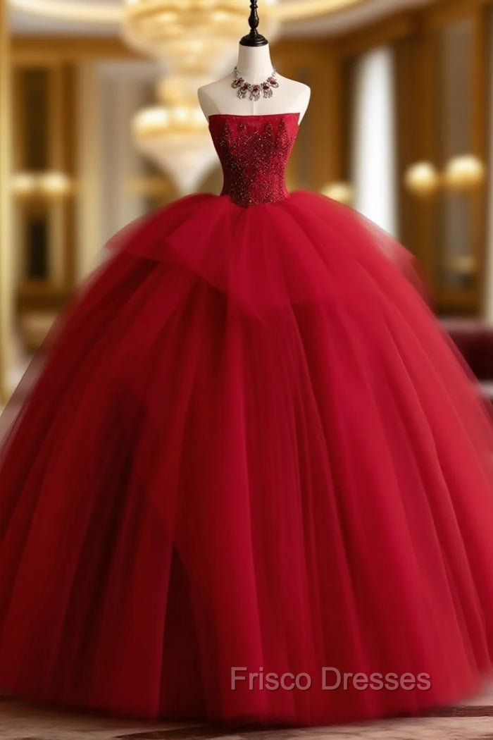 Burgundy Tulle Beads Long Formal Prom Dress, Burgundy Tulle Formal Party Dress Main image