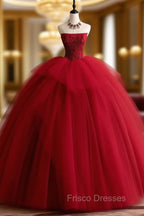 Burgundy Tulle Beads Long Formal Prom Dress, Burgundy Tulle Formal Party Dress