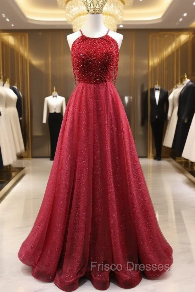 Burgundy Tulle Halter Beading Formal Prom Dress Main image