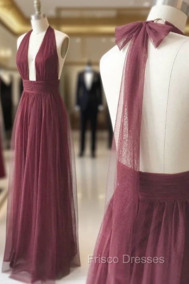 Burgundy Tulle Halter Deep V-neck Backless Formal Prom Dress