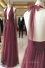 Burgundy Tulle Halter Deep V-neck Backless Formal Prom Dress