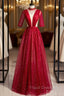 Burgundy Tulle High Neck Short Sleeve Pleats Beading Formal Prom Dress