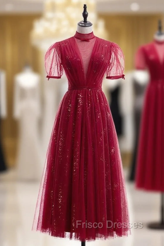 Burgundy Tulle High Neck Short Sleeve Formal Prom Dress Main image