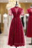 Burgundy Tulle High Neck Short Sleeve Formal Prom Dress
