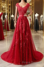 Burgundy tulle lace applique long Formal Prom Dresses, burgundy evening Dresses