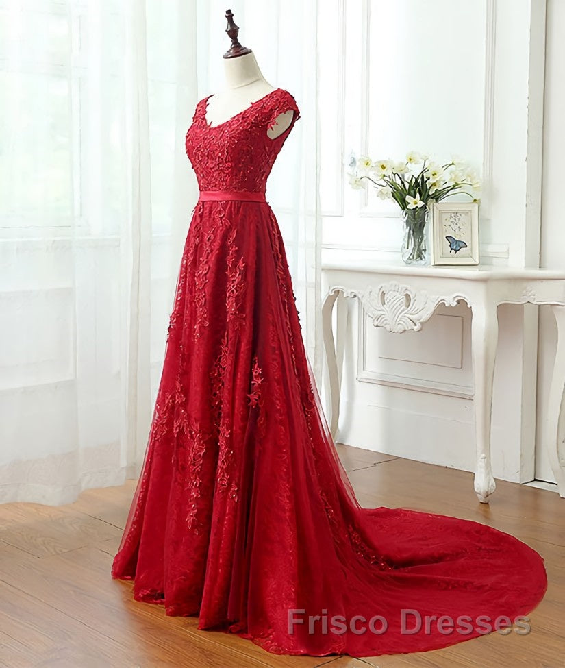 Burgundy tulle lace applique long Formal Prom Dresses, burgundy evening Dresses